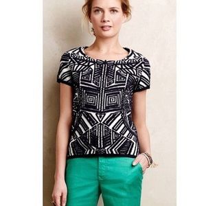 Anthropologie EUC Moth Dahlia navy & white graphic upscale sweater-tee top.
